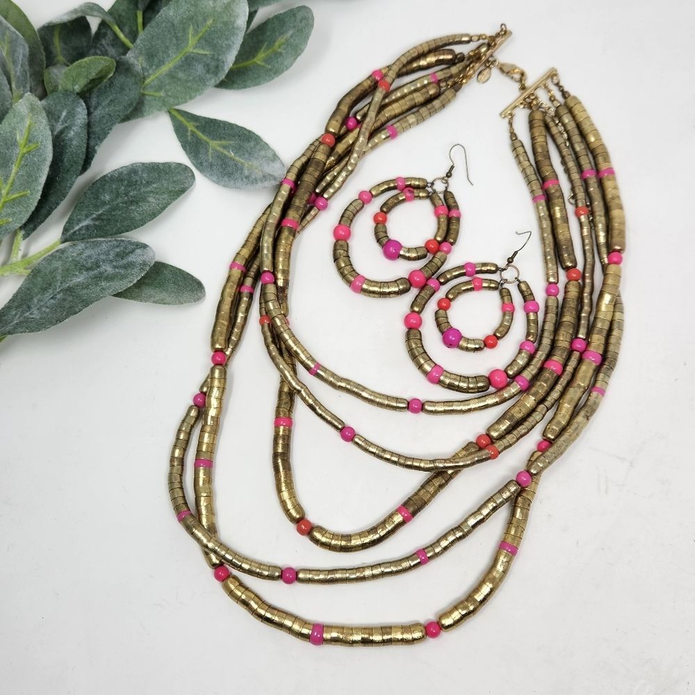 CHICOS Long‎ Layered Geometric Chunky Necklace Pink Antique Gold Earrings Set